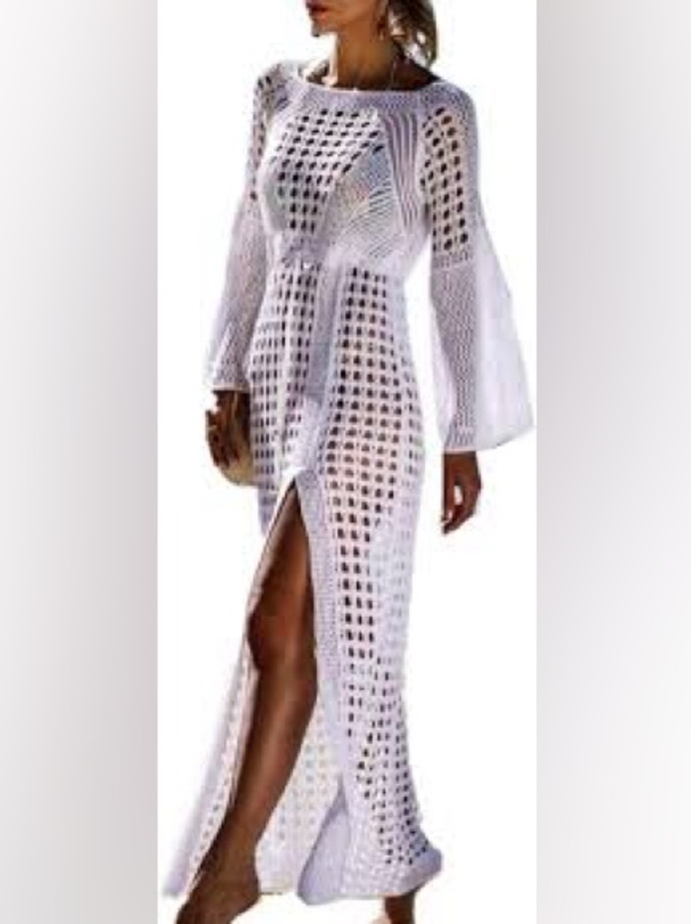 White Crochet Long Sleeve Maxi Cover-Up Dress - Picture 1 of 4